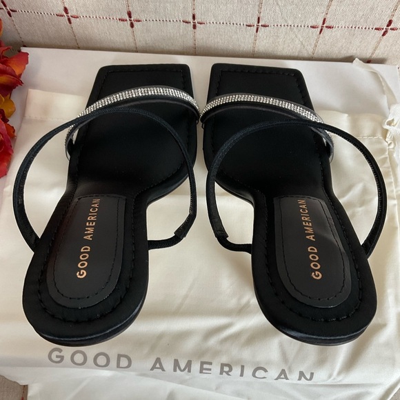 Good American Satin Strappy Heels Square Toe Sz 6.5 Black & Gold + Rhinestones - Picture 5 of 6